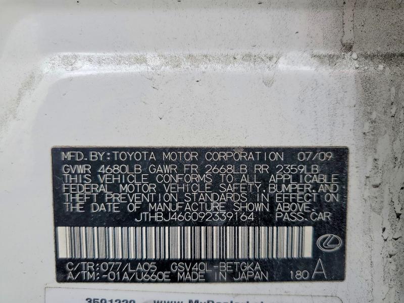 2009 Lexus Es მანქანა იყიდება აუქციონზე, vin: JTHBJ46G092339164, აუქციონის ნომერი: 52995006
