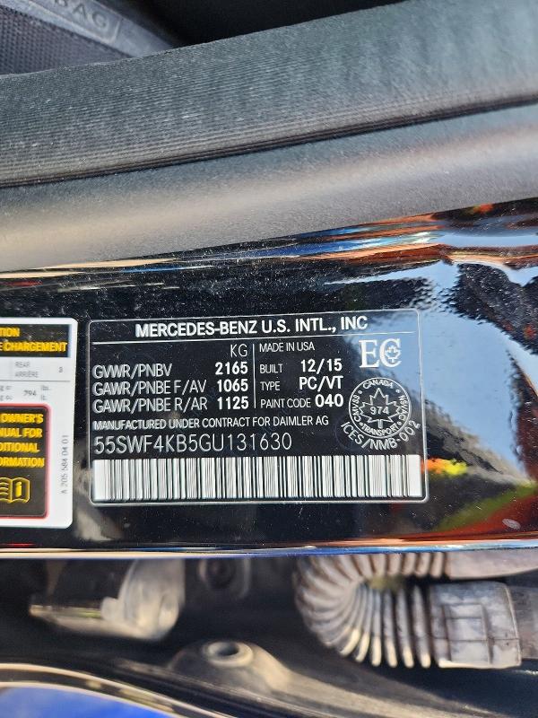 53947376 :رقم المزاد ، 55SWF4KB5GU131630 vin ، 2016 Mercedes-benz C مزاد بيع