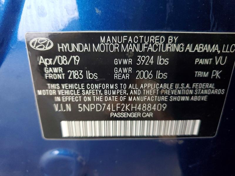 2019 Hyundai Elantra მანქანა იყიდება აუქციონზე, vin: 5NPD74LF2KH488409, აუქციონის ნომერი: 53836216