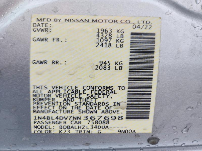 54000346 :رقم المزاد ، 1N4BL4DV7NN367698 vin ، 2022 Nissan Altima مزاد بيع