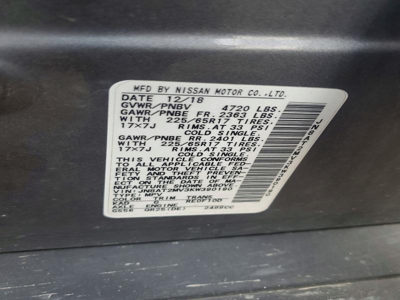 53817996 :رقم المزاد ، JN8AT2MV3KW390190 vin ، 2019 Nissan Rogue مزاد بيع