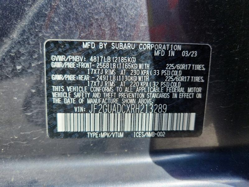 Aukcja sprzedaży 2024 Subaru Crosstrek, vin: JF2GUADCXRH213289, numer aukcji: 55321186