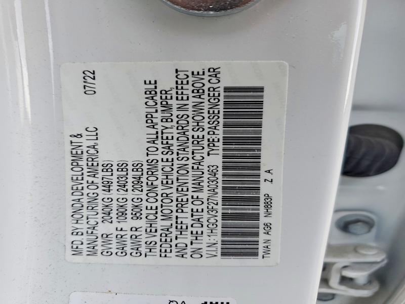 Aukcja sprzedaży 2022 Honda Accord, vin: 1HGCV3F27NA030463, numer aukcji: 52019536