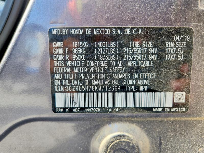 55453346 :رقم المزاد ، 3CZRU5H78KM712664 vin ، 2019 Honda Hr-v مزاد بيع