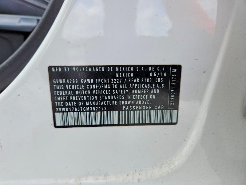 2016 Volkswagen Jetta მანქანა იყიდება აუქციონზე, vin: 3VWD17AJ7GM392123, აუქციონის ნომერი: 53966256