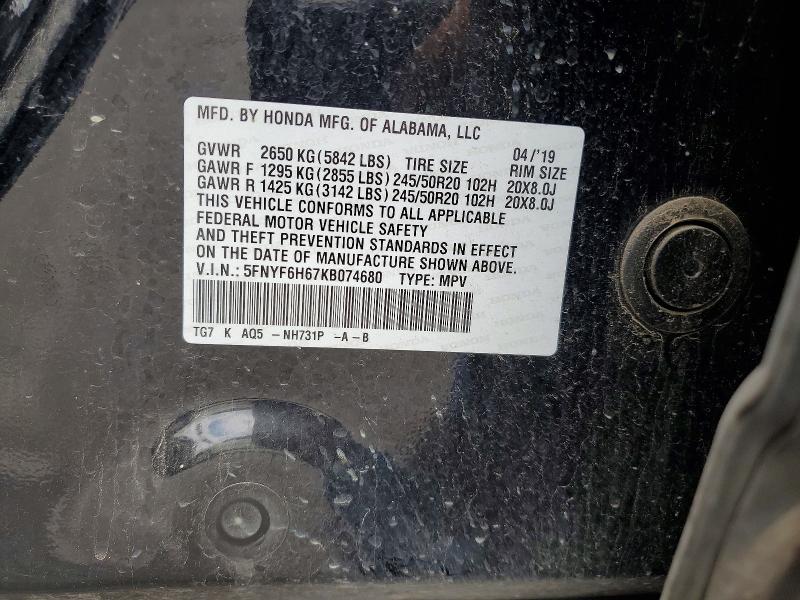 Продаж на аукціоні авто 2019 Honda Pilot, vin: 5FNYF6H67KB074680, номер лоту: 55051276