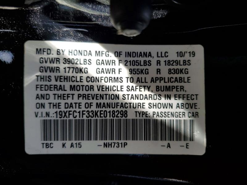 Продажа на аукционе авто 2019 Honda Civic, vin: 19XFC1F33KE018298, номер лота: 54990346