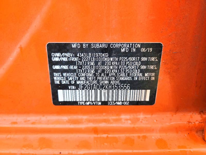 Auction sale of the 2019 Subaru Crosstrek, vin: JF2GTACC2KH353556, lot number: 54481356