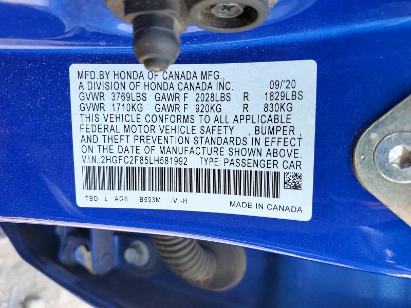 2020 Honda Civic მანქანა იყიდება აუქციონზე, vin: 2HGFC2F85LH581992, აუქციონის ნომერი: 52406486