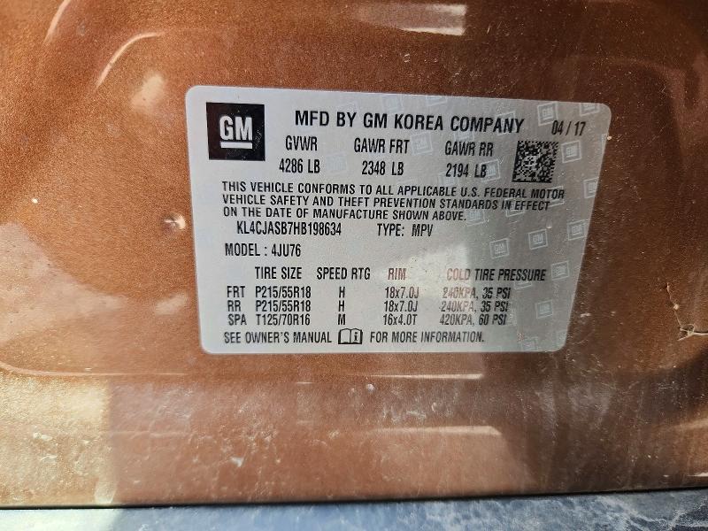 2017 Buick Encore მანქანა იყიდება აუქციონზე, vin: KL4CJASB7HB198634, აუქციონის ნომერი: 52147096