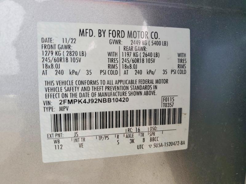 Продаж на аукціоні авто 2022 Ford Edge, vin: 2FMPK4J92NBB10420, номер лоту: 54198096