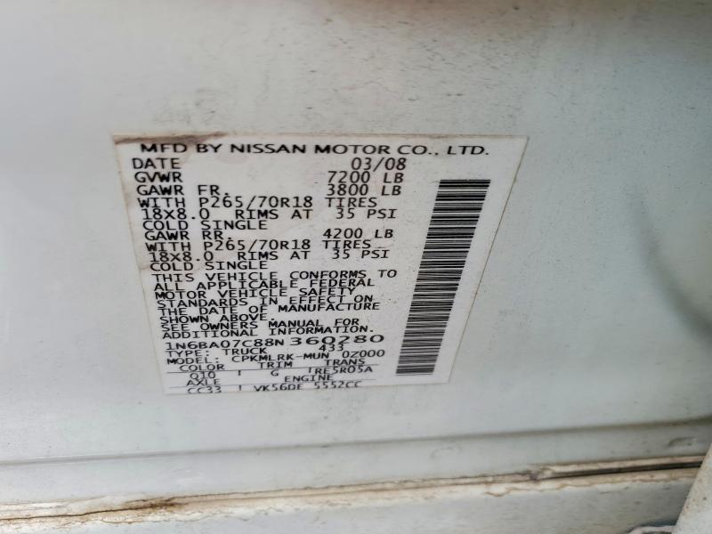 Aukcja sprzedaży 2008 Nissan Titan, vin: 1N6BA07C88N360280, numer aukcji: 54399656