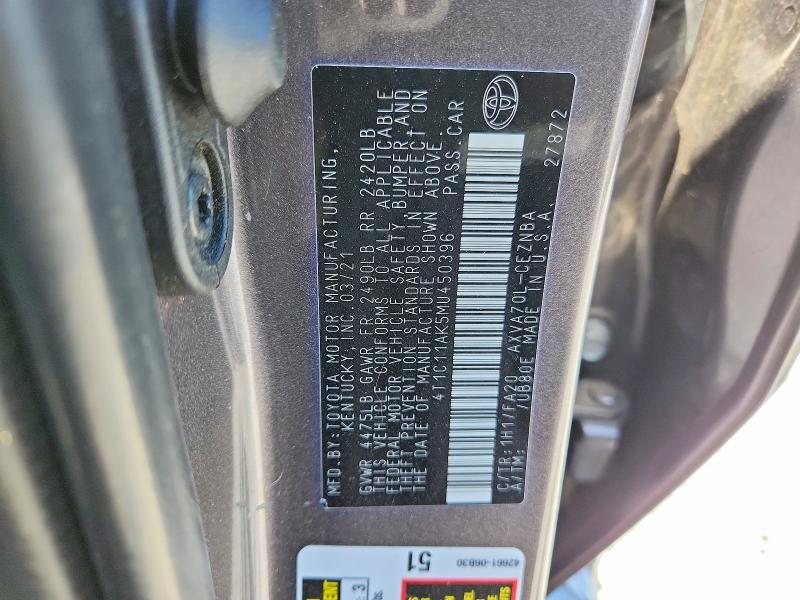 Продаж на аукціоні авто 2021 Toyota Camry, vin: 4T1C11AK5MU450396, номер лоту: 53705736