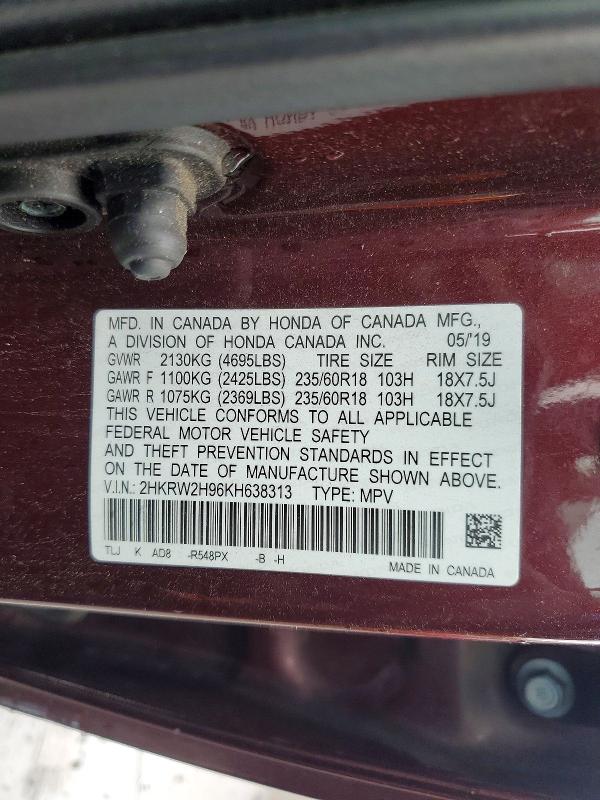 2019 Honda Cr-v მანქანა იყიდება აუქციონზე, vin: 2HKRW2H96KH638313, აუქციონის ნომერი: 53701816