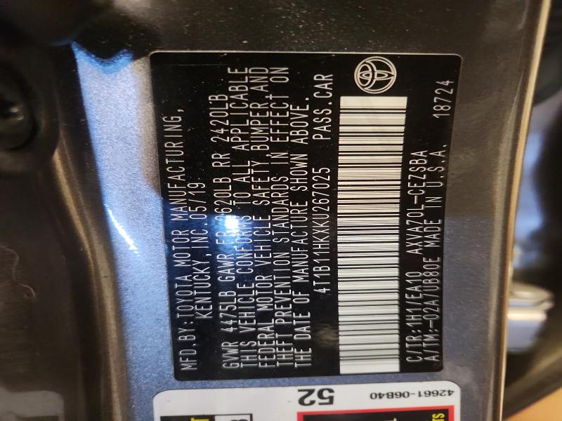 2019 Toyota Camry მანქანა იყიდება აუქციონზე, vin: 4T1B11HKXKU267025, აუქციონის ნომერი: 53221376