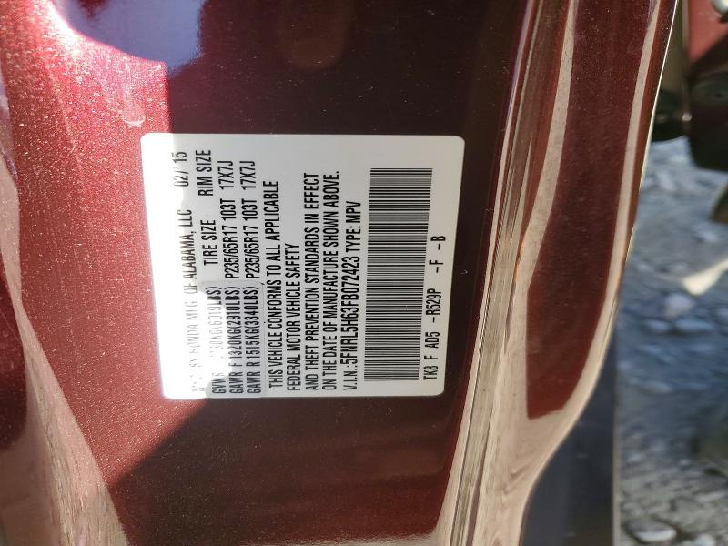 Aukcja sprzedaży 2015 Honda Odyssey, vin: 5FNRL5H63FB072423, numer aukcji: 54242856