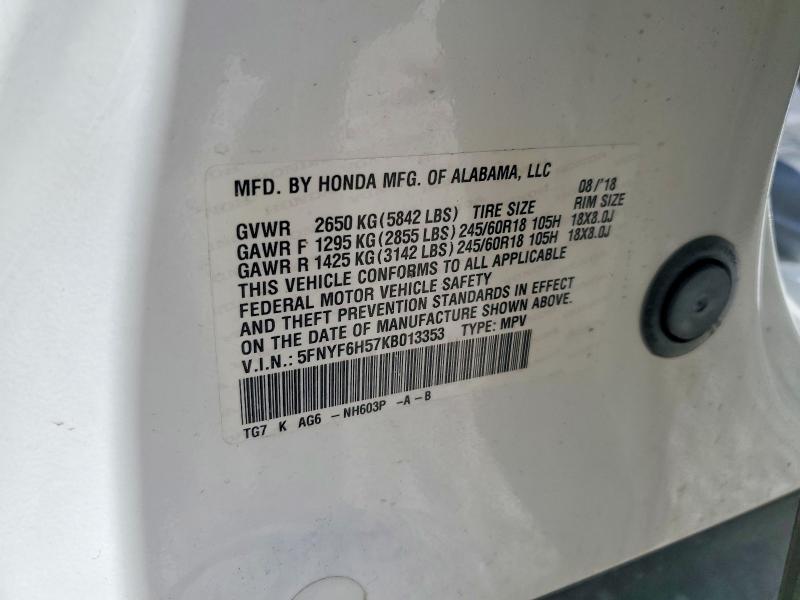 53715746 :رقم المزاد ، 5FNYF6H57KB013353 vin ، 2019 Honda Pilot مزاد بيع