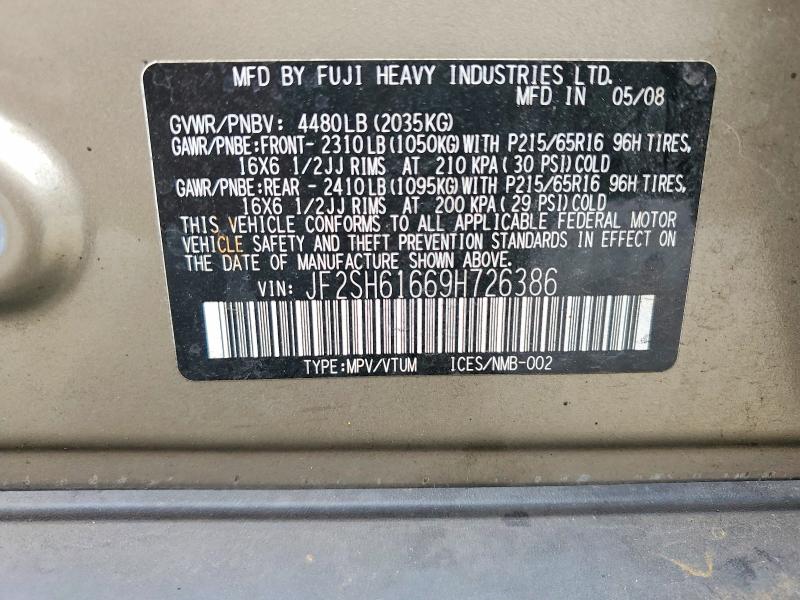 Продаж на аукціоні авто 2009 Subaru Forester, vin: JF2SH61669H726386, номер лоту: 52541066