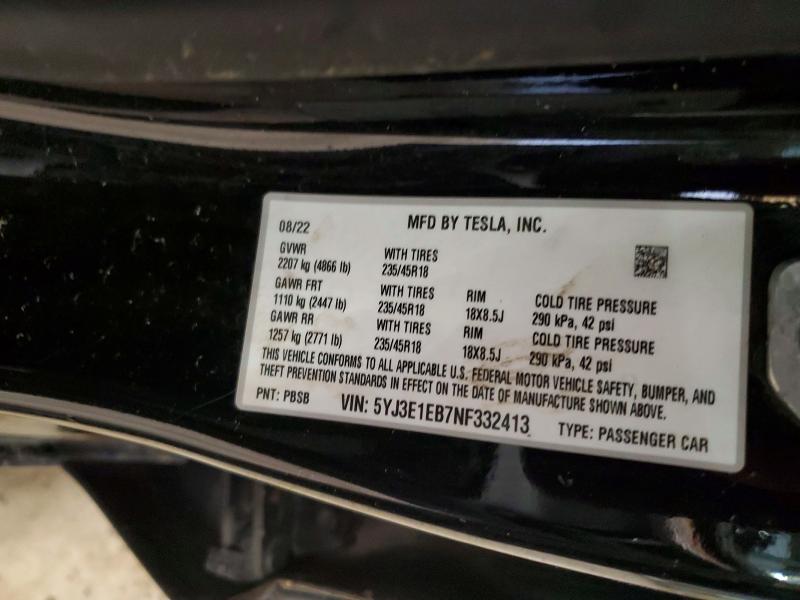 55136886 :رقم المزاد ، 5YJ3E1EB7NF332413 vin ، 2022 Tesla Model 3 مزاد بيع