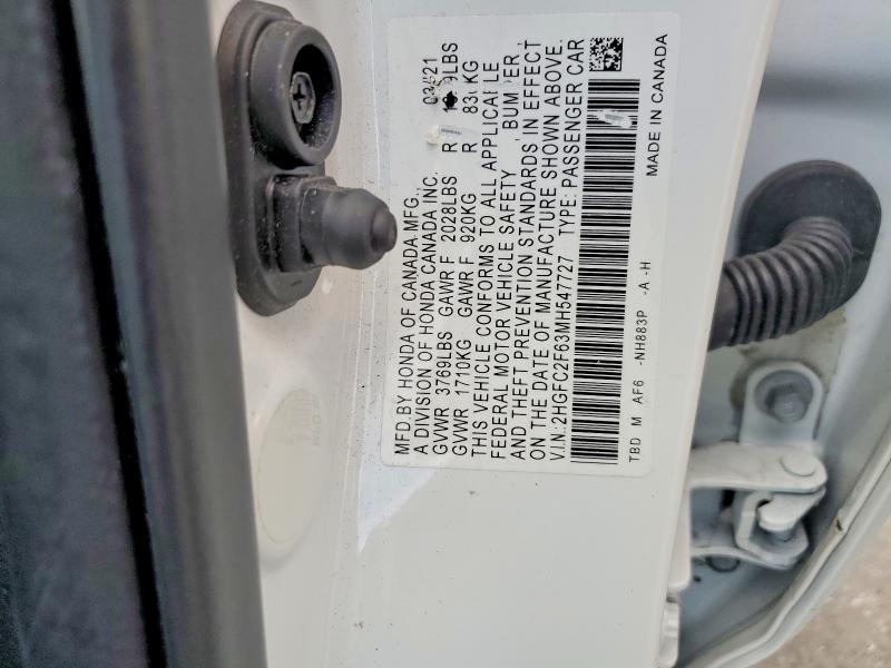 2021 Honda Civic მანქანა იყიდება აუქციონზე, vin: 2HGFC2F63MH547727, აუქციონის ნომერი: 52333456