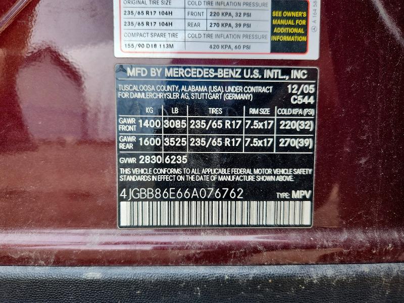 Продаж на аукціоні авто 2006 Mercedes-benz Ml, vin: 4JGBB86E66A076762, номер лоту: 54500296