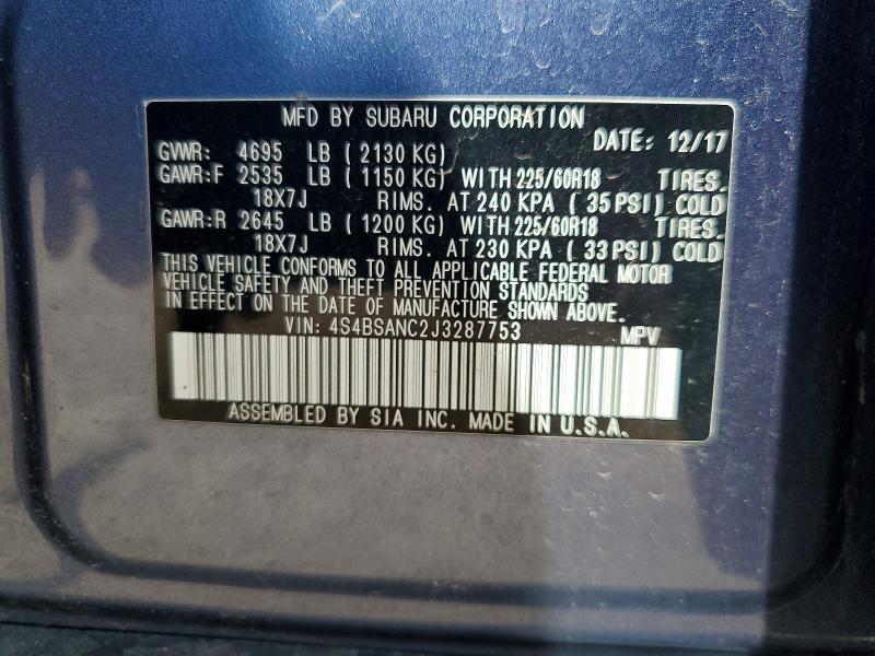 Продаж на аукціоні авто 2018 Subaru Outback, vin: 4S4BSANC2J3287753, номер лоту: 52186506