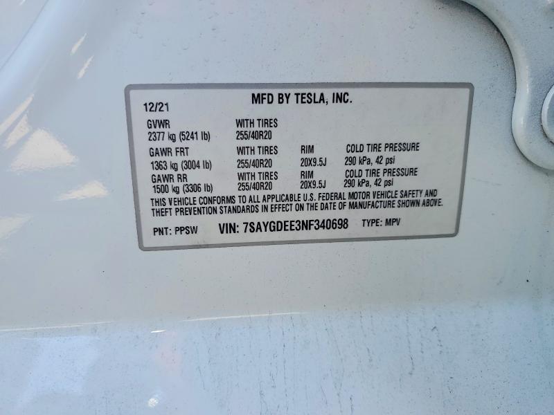 2022 Tesla Model Y მანქანა იყიდება აუქციონზე, vin: 7SAYGDEE3NF340698, აუქციონის ნომერი: 55459416