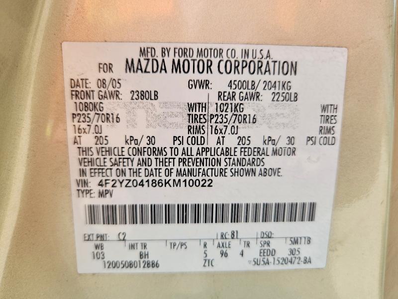 2006 Mazda Tribute მანქანა იყიდება აუქციონზე, vin: 4F2YZ04186KM10022, აუქციონის ნომერი: 54466186