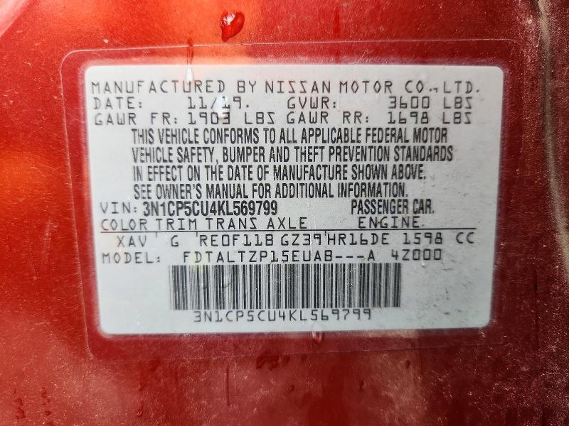 Aukcja sprzedaży 2019 Nissan Kicks, vin: 3N1CP5CU4KL569799, numer aukcji: 54469416