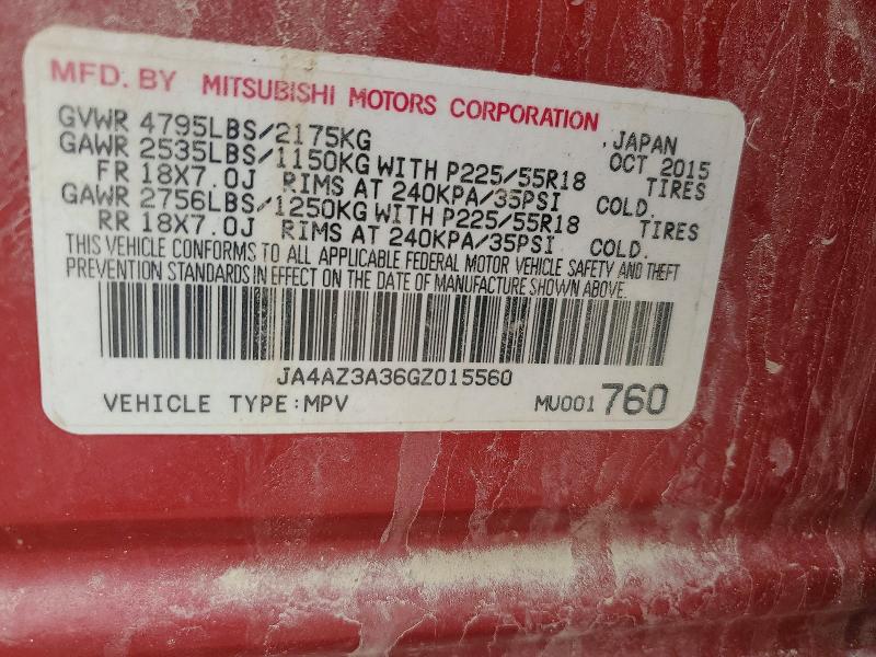 54305796 :رقم المزاد ، JA4AZ3A36GZ015560 vin ، 2016 Mitsubishi Outlander مزاد بيع