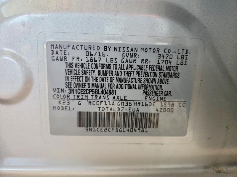 2016 Nissan Versa Note მანქანა იყიდება აუქციონზე, vin: 3N1CE2CP5GL404981, აუქციონის ნომერი: 54555936