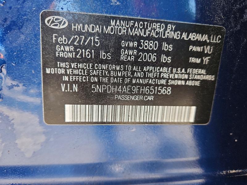 52146096 :رقم المزاد ، 5NPDH4AE9FH651568 vin ، 2015 Hyundai Elantra مزاد بيع