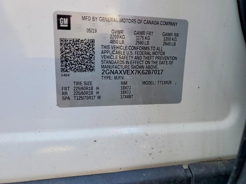 52954526 :رقم المزاد ، 2GNAXVEX7K6287017 vin ، 2019 Chevrolet Equinox مزاد بيع