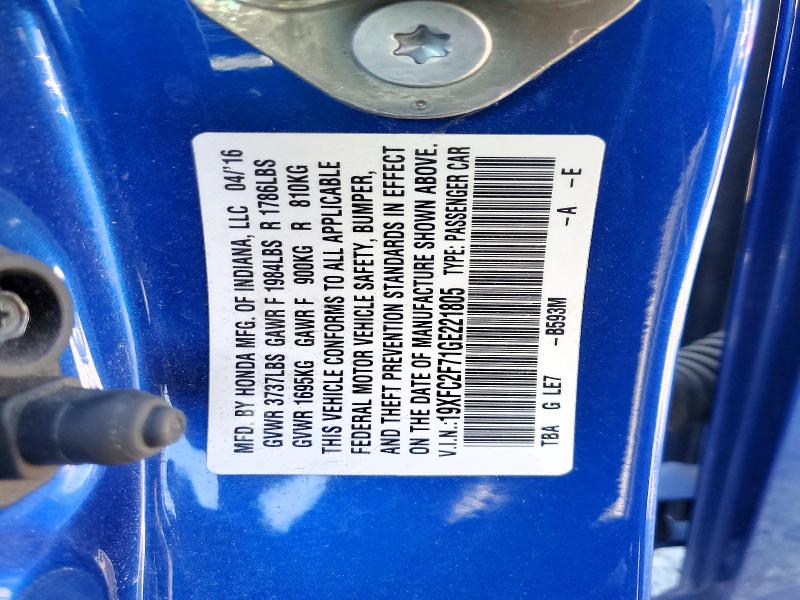 54143256 :رقم المزاد ، 19XFC2F71GE221805 vin ، 2016 Honda Civic مزاد بيع
