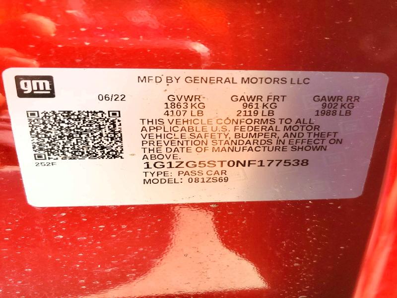 Продаж на аукціоні авто 2022 Chevrolet Malibu, vin: 1G1ZG5ST0NF177538, номер лоту: 53645106