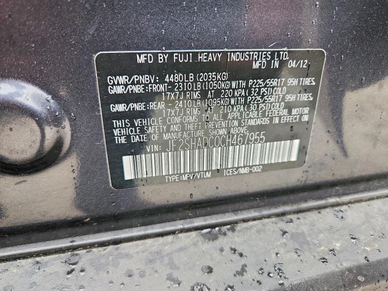 52179376 :رقم المزاد ، JF2SHADC0CH467955 vin ، 2012 Subaru Forester مزاد بيع