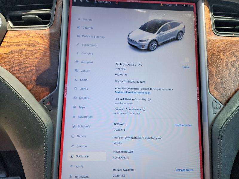 2019 Tesla Model X მანქანა იყიდება აუქციონზე, vin: 5YJXCBE21KF204225, აუქციონის ნომერი: 55037996