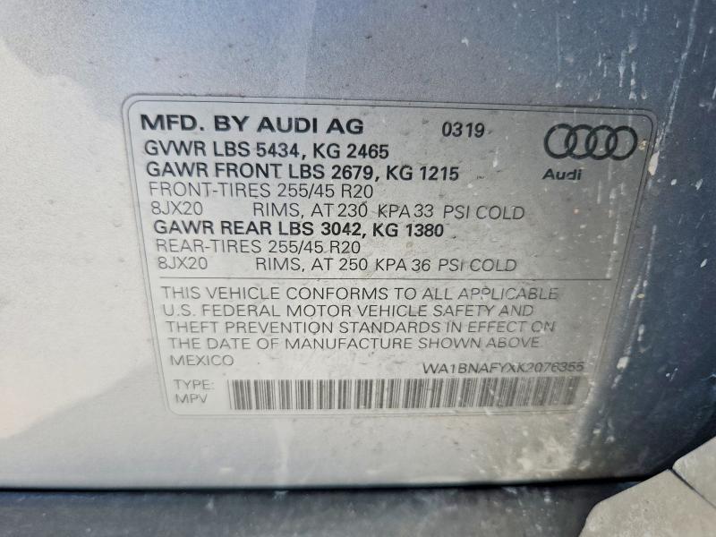 2019 Audi Q5 მანქანა იყიდება აუქციონზე, vin: WA1BNAFYXK2076355, აუქციონის ნომერი: 53283586