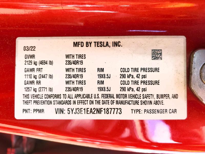 Aukcja sprzedaży 2022 Tesla Model 3, vin: 5YJ3E1EA2NF187773, numer aukcji: 55196106