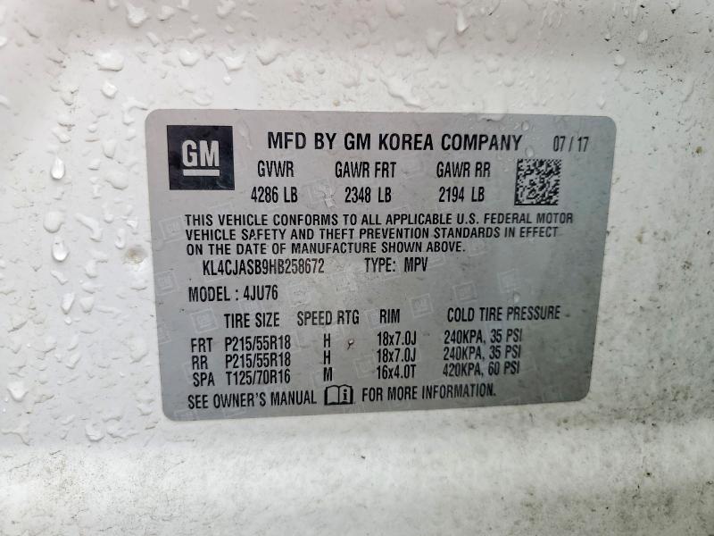 2017 Buick Encore მანქანა იყიდება აუქციონზე, vin: KL4CJASB9HB258672, აუქციონის ნომერი: 55149056