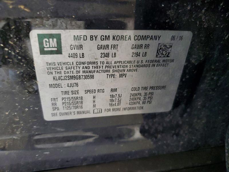 2016 Buick Encore მანქანა იყიდება აუქციონზე, vin: KL4CJ2SM9GB730598, აუქციონის ნომერი: 52142246