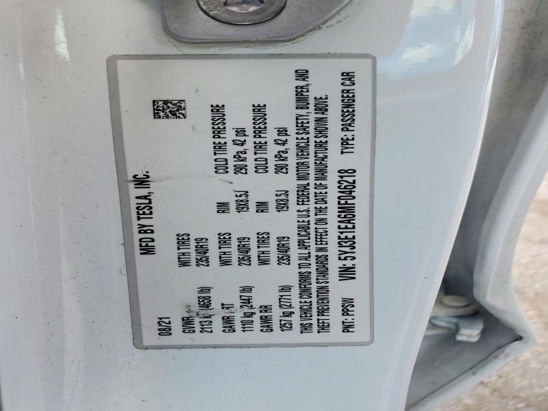 Aukcja sprzedaży 2021 Tesla Model 3, vin: 5YJ3E1EA6MF046218, numer aukcji: 52173186