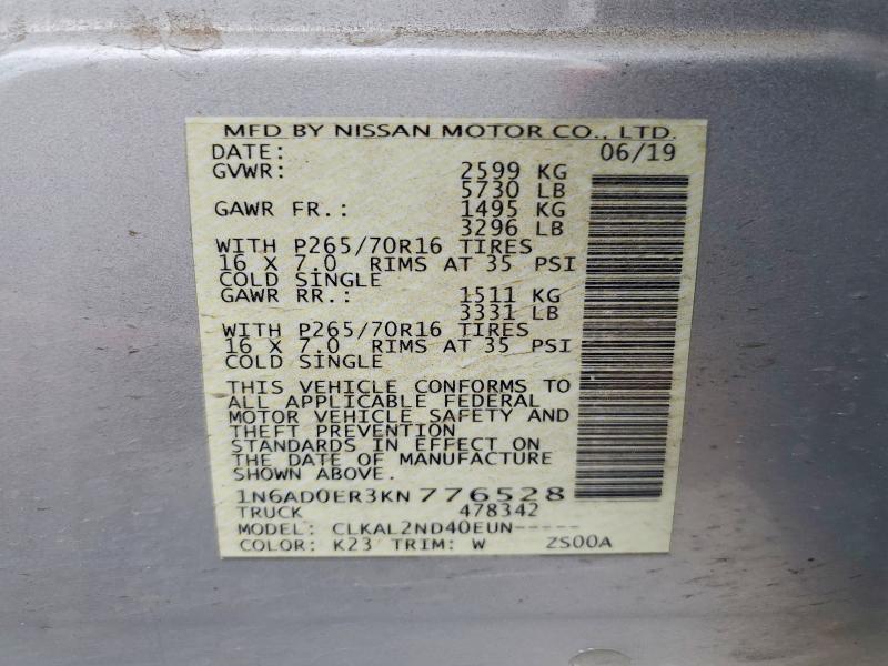 2019 Nissan Frontier მანქანა იყიდება აუქციონზე, vin: 1N6AD0ER3KN776528, აუქციონის ნომერი: 51842496