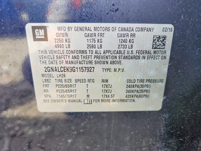 Продаж на аукціоні авто 2016 Chevrolet Equinox, vin: 2GNALCEK9G1157927, номер лоту: 54837116