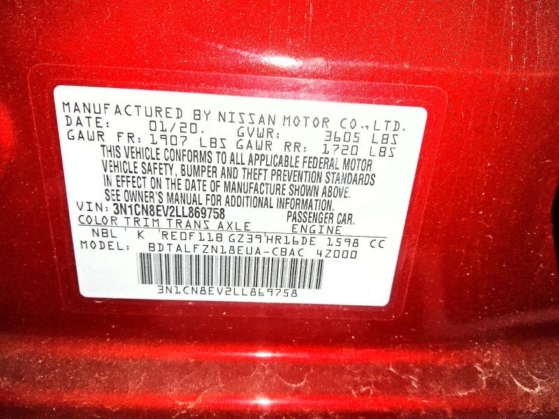 Auction sale of the 2020 Nissan Versa, vin: 3N1CN8EV2LL869758, lot number: 54998026
