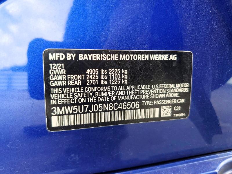 Aukcja sprzedaży 2022 Bmw M340i, vin: 3MW5U7J05N8C46506, numer aukcji: 54874206