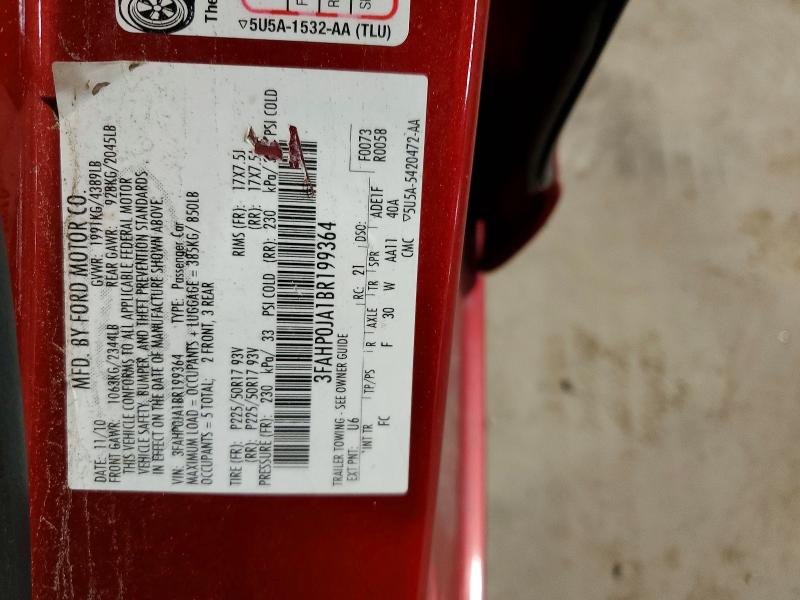 2011 Ford Fusion მანქანა იყიდება აუქციონზე, vin: 3FAHP0JA1BR199364, აუქციონის ნომერი: 54896666