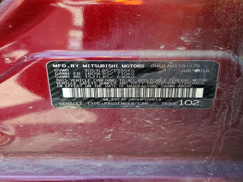 Продаж на аукціоні авто 2017 Mitsubishi Mirage, vin: ML32F3FJXHHF09914, номер лоту: 52395626