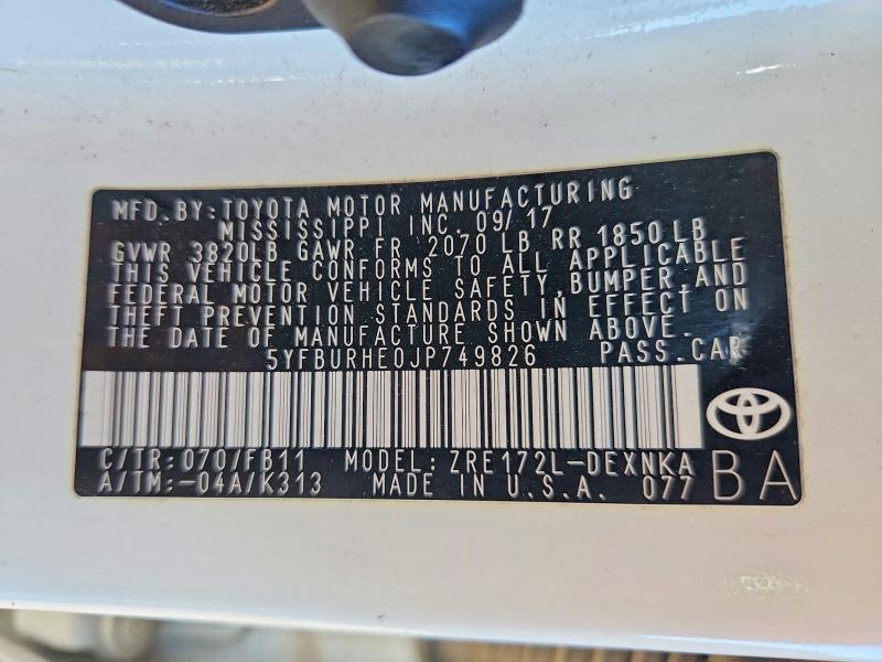 52185256 :رقم المزاد ، 5YFBURHE0JP749826 vin ، 2018 Toyota Corolla مزاد بيع