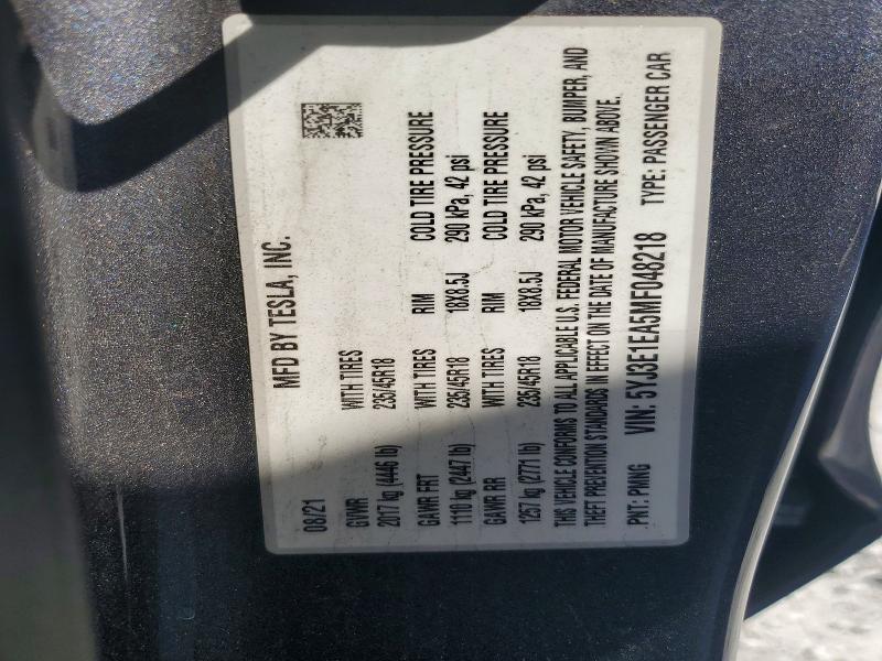 52861996 :رقم المزاد ، 5YJ3E1EA5MF048218 vin ، 2021 Tesla Model 3 مزاد بيع